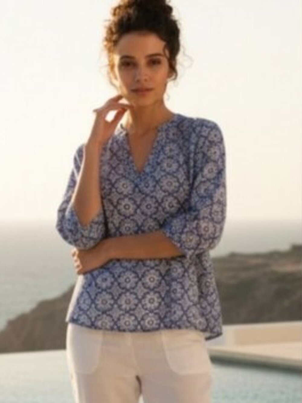 Oliphant SZ S Purple White 3/4 Sleeve Open V-Neck Mandarin Collar Boxy Tunic